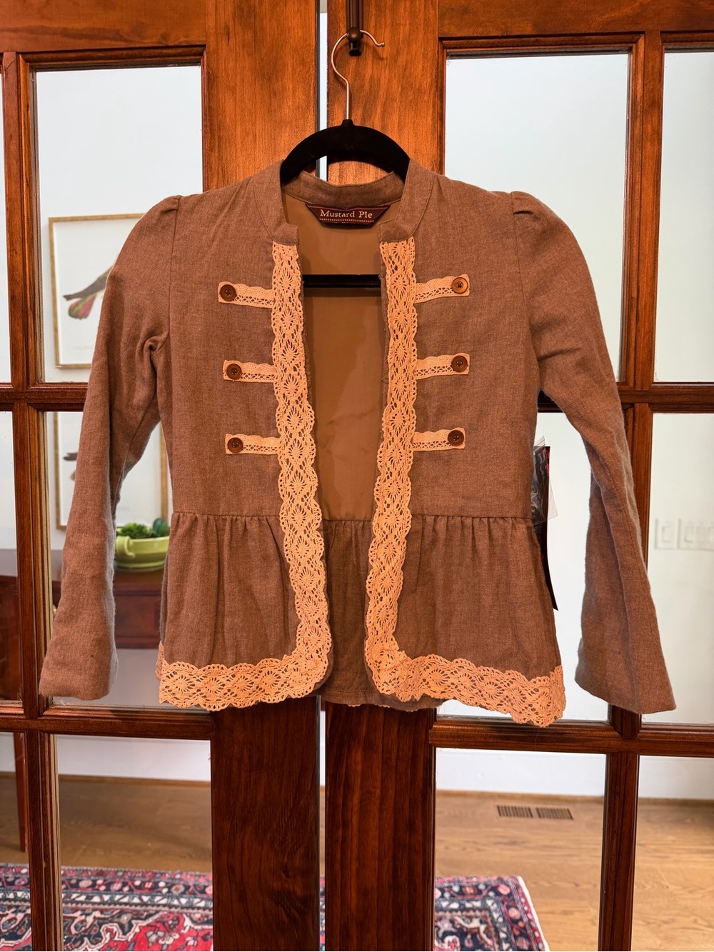 Mustard Pie Brown Jacket with Cream Lace Trim